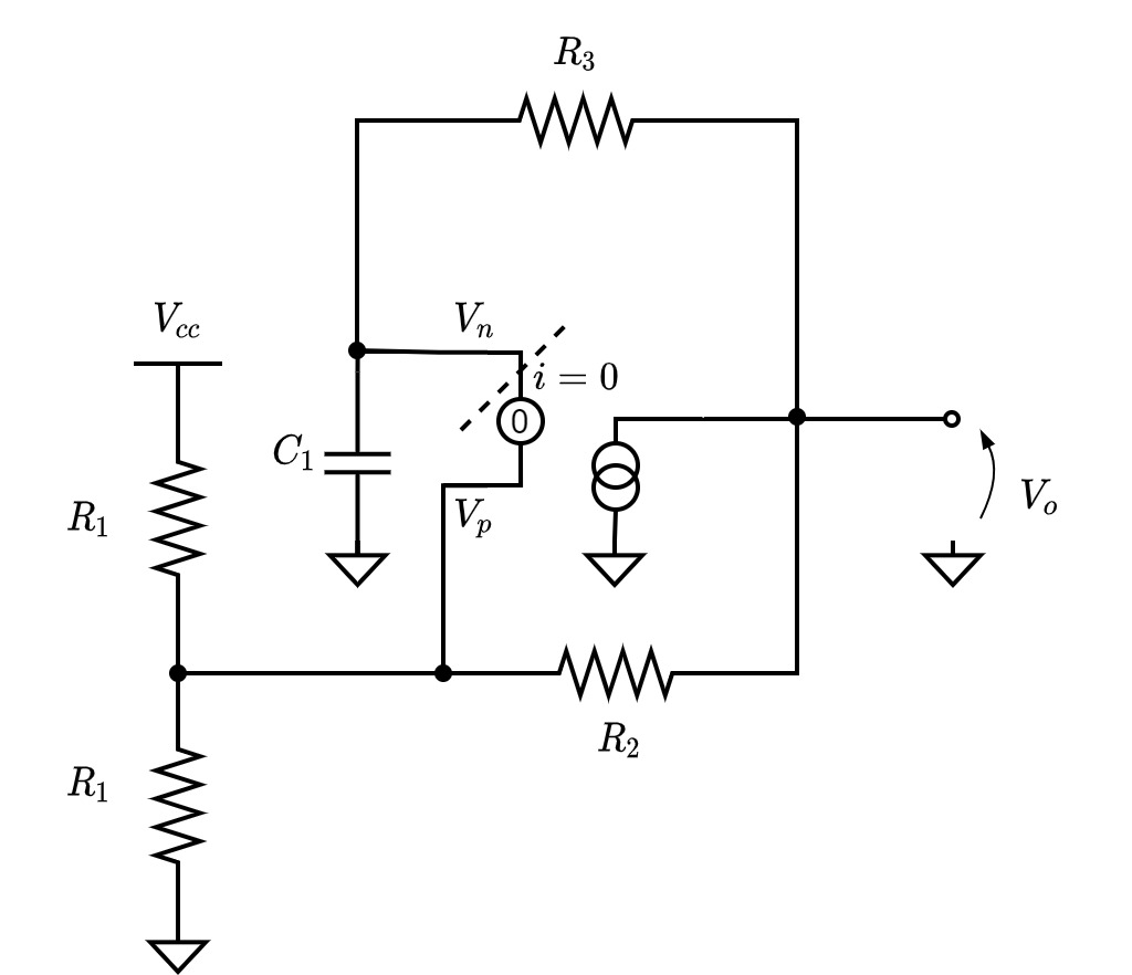 Fig.4. ナレータ・ノレータモデルで書き直した回路図.            仮想短絡でないと仮定すると, 破線部で回路を切ることができる. 
